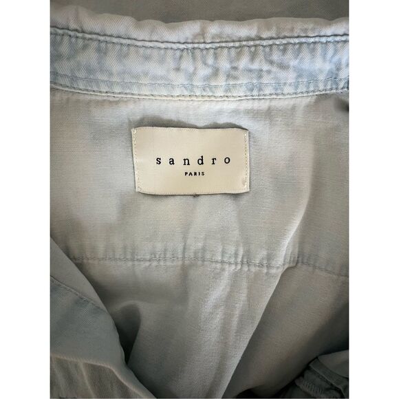 Sandro Light Chambray Denim Double Breasted Pocket Front Button Down Shirt Small - Picture 2 of 6